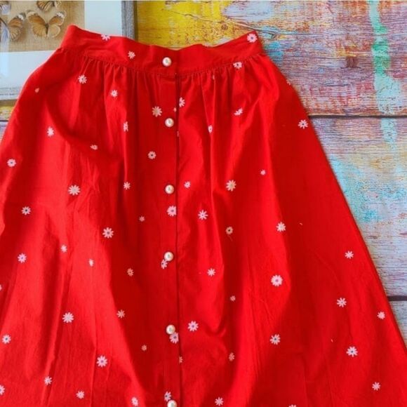Ban.do Red Easy Button Up Daisy Floral A-line Pocket Cotton Midi Skirt S/M - Picture 4 of 9
